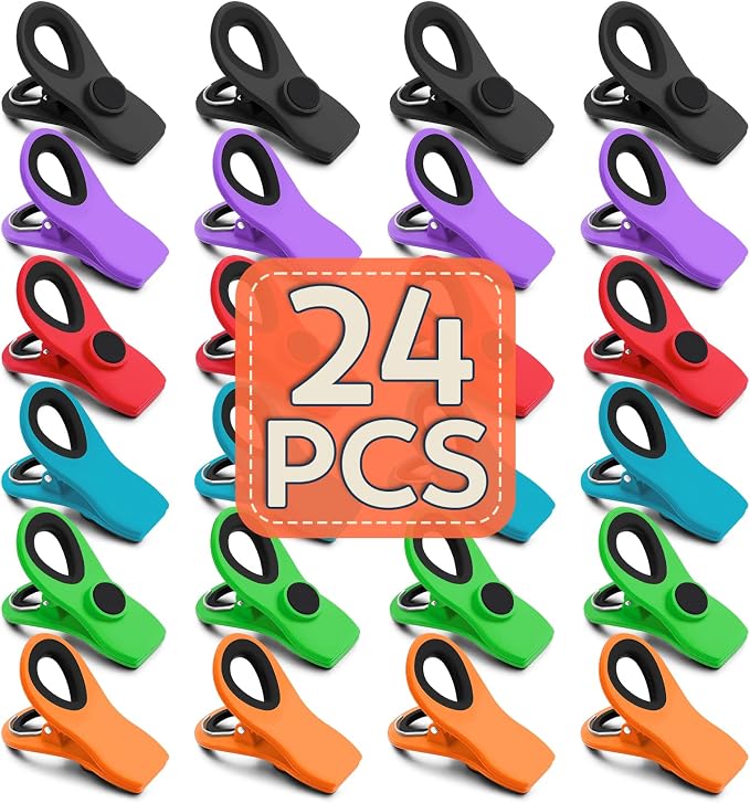 24 Pack Multicolor Chip Clips, Bag Clips for Food Storage | Magnetic Clips Heavy Duty with Airtight Seal Grip, Reusable for Kitchen Food, Snack, Refrigerator, Office, RV Accessories by FINDMAG