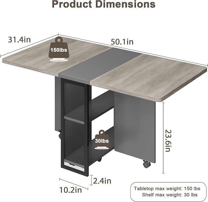 IDEALHOUSE FoldingTable, Drop Leaf Dining Table with 6 Wheels and 2-Layer Storage Shelf, Space Saving Table for Small Spaces (Slate Oak, 50.1" D x 31.4" W x 29.5" H) - Image 2