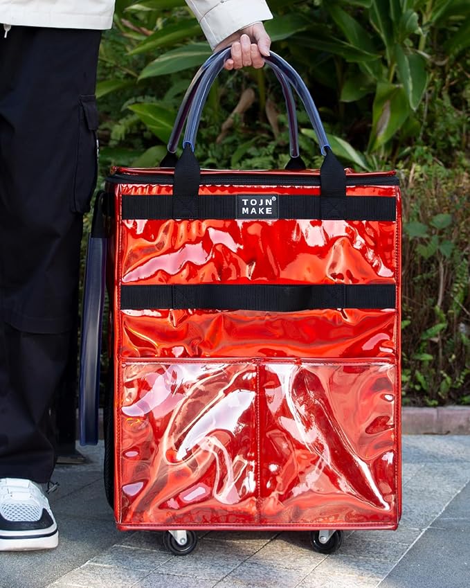 Reusable Grocery Bag with Wheels, Medium Glitter Red Rolling Tote | 8 Pockets, Zipper Cover, Foldable for Women, Kitchen, Travel, Carries Up to 66LBS - Image 7