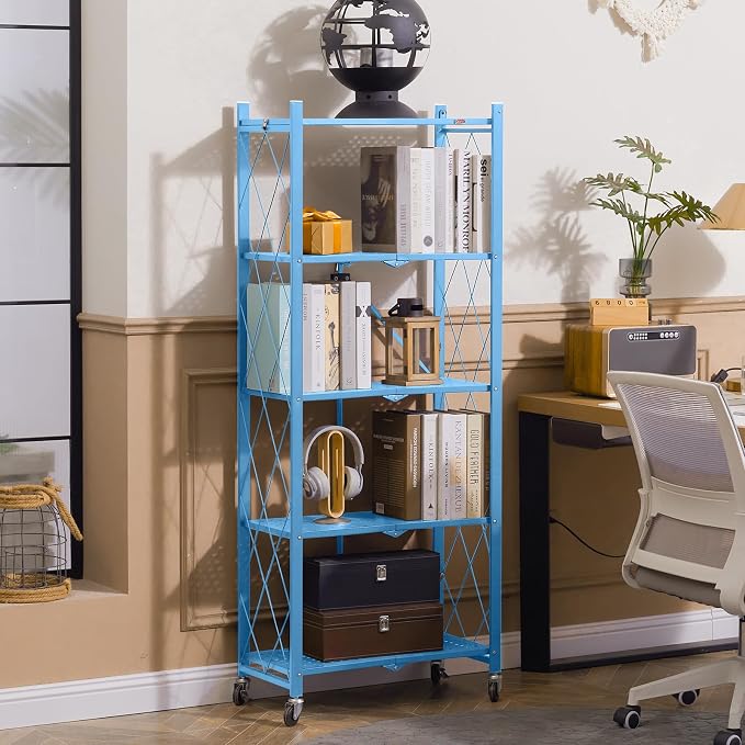 DEANIC 5-Shelf Folding Bookcase with Wheels, Heavy Duty Storage Shelves, Freestanding Metal Wire Shelving Unit for Living Room, Office, Kitchen, Basement, Pantry(Blue) - Image 2