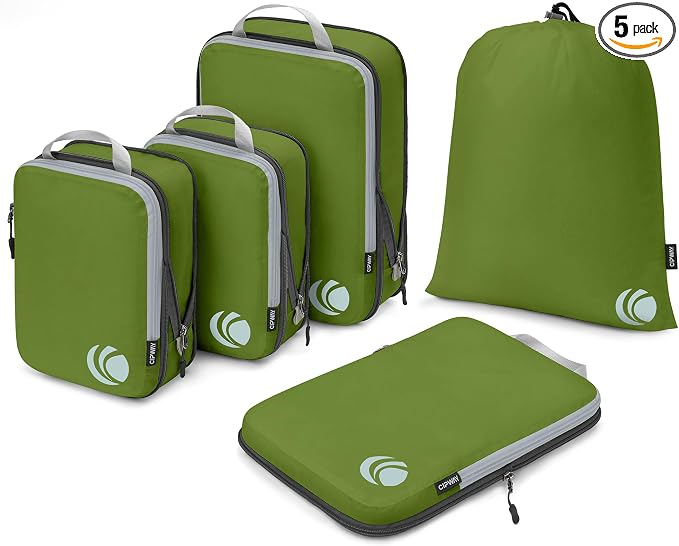 Cipway 5 Set Compression Packing Cubes for Travel (Green, 5pcs) | Ultralight Travel Cube Organizers for Carry-On Luggage, Suitcase & Backpack Travel Essentials by Cipway