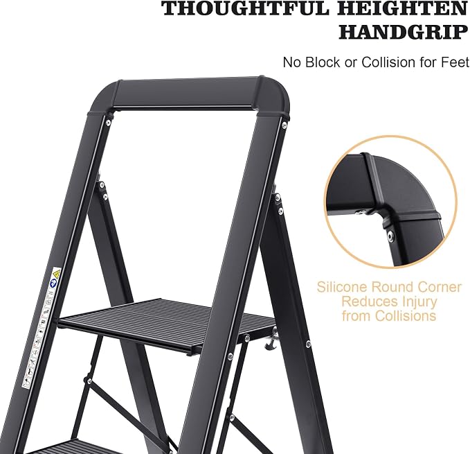 KINGRACK Aluminium 5 Step Ladder, Lightweight Step Stool with Non-Slip Pedals, Handrail, Folding Step Ladder for Kitchen, Garage, Home, Space Saving, Sturdy and Portable, Black - Image 4