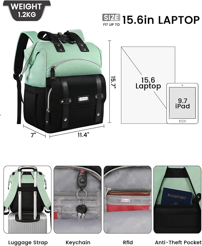 FALANKO Laptop Backpack for Women,College Work Teacher backpack for 15.6 Inch laptop,Travel Anti Theft Laptops Backpack RFID, Shoulder Purse Bags Green Black - Image 3