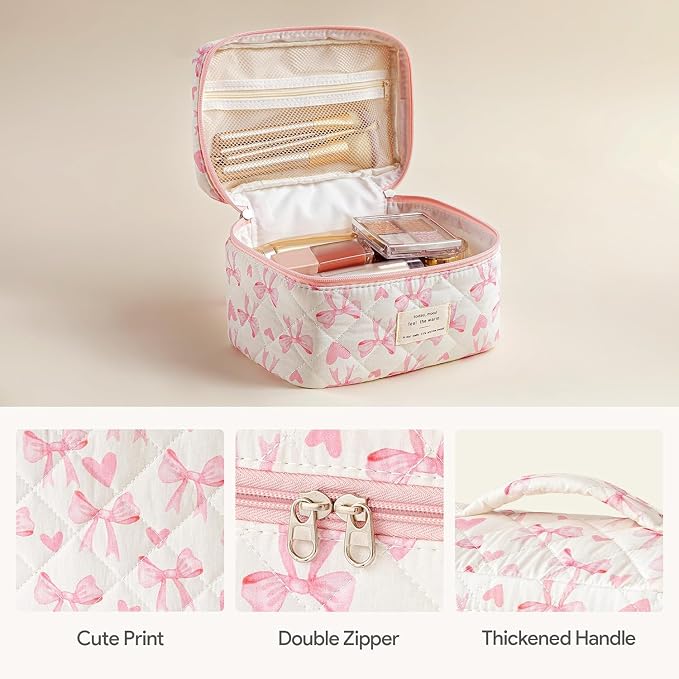 HBselect Quilted Makeup Bag, 3Pcs Cotton Large Travel Makeup Bags Organizer | Cute Floral Make up Bag Cosmetic Bag Toiletry Bag for Women Girls, Makeup Pouch for Skincare, Brushes & Travel Essentials - Image 3