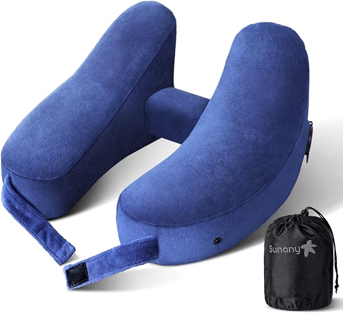 Sunany Travel Neck Pillow for Airplane Pillow Comfortably Supports Head, Neck and Chin, Inflatable Travel Pillow with Soft Velour Cover and Portable Drawstring Bag (Blue, H-Shape) by Sunany