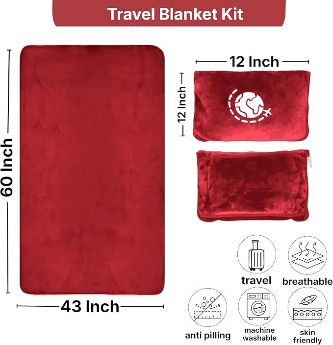 Travel Blanket and Pillow Compact – 4-in-1 Soft Fleece Airplane Blanket with Bag Pillowcase, Neck Pillow, Eye Mask & Earplugs, Lightweight Portable Flight Blanket 60"x43" (Red) - Image 6