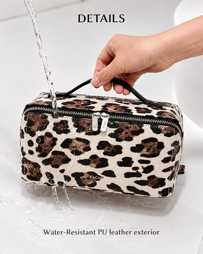 EACHY Travel Makeup Bag for Women, Flat Open Leopard Print Cosmetic Bag | Leopard-print PU leather cosmetic bag opens flat with dividers and clear TPU brush pocket for makeup and travel essentials - Image 3