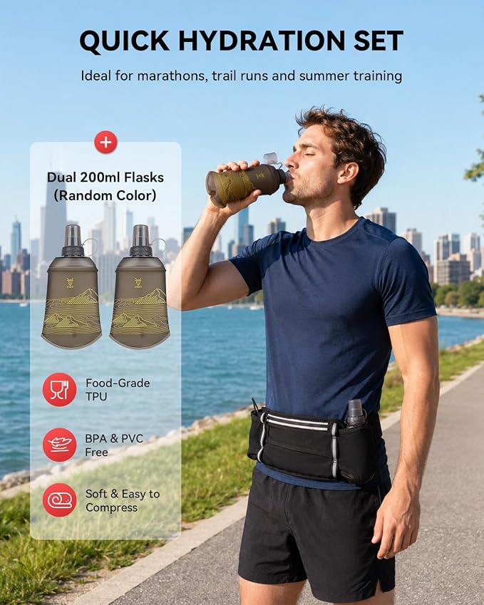 UTOBEST Running Hydration Belt with 2 Soft Flasks, 6-Pocket Waist Pack B5 | 2×200ml Soft Flasks, Waterproof Phone Pocket, Fits Phones Up to 6.9", Reflective Trim, Bib Clip for Race, Marathons, Training - Image 3