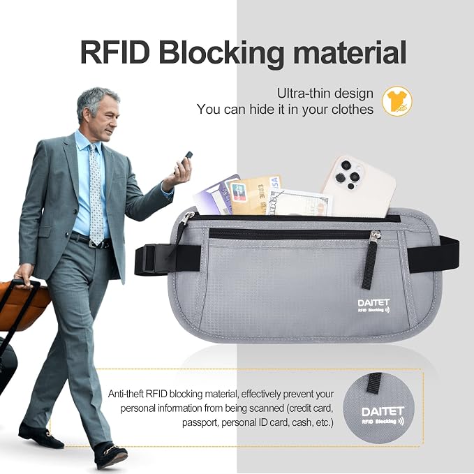 RFID Blocking Money Belt for Men Women, Slim Fanny Pack for Travel，Running,Conceal Waist Wallet for Passport Holder,Phone,Cash(Light Grey) - Image 2
