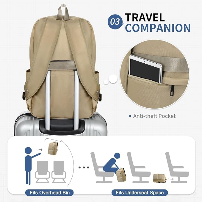 Laptop Backpack for Men & Women 15.6 Inch Office Anti Theft, Khaki | Small Work Backpack Water Resistant with Luggage Strap Theft Proof Sleek Backpack Oxford Material for Commute, Work, Travel - Image 7