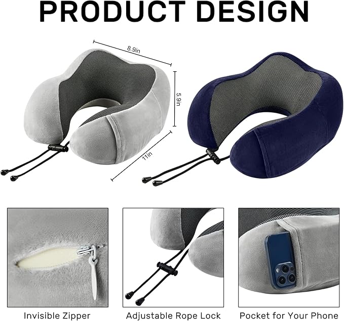 urnexttour Neck Pillow Airplane Travel Pillow 2 Pack Grey and Blue | Memory Foam Soft Support Travel Neck Pillow for Travelling, Sleeping Rest, Car, Train and Home Use - Image 6
