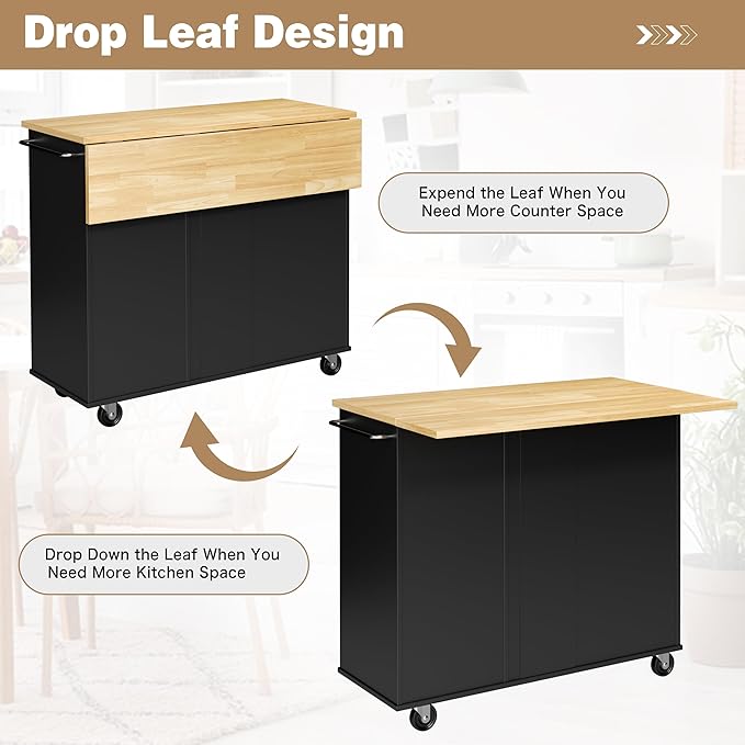 Shintenchi Kitchen Island with Folding Drop Leaf, Rolling Island Table with Storage, Kitchen Cabinet on Wheels with Seating Area for Kitchen, Bar Cart with Cabinet, Black - Image 4