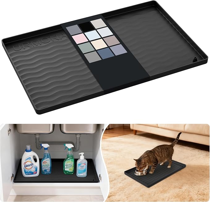 URMONA Waterproof Silicone Under Sink Mat 16'' x 10'' Shelf Liner for Kitchen and Bathroom, Cabinet and Counter Protector, Storage and Organizers, Litter Mat, Pet Cat Puppy Essentials(Black) by URMONA
