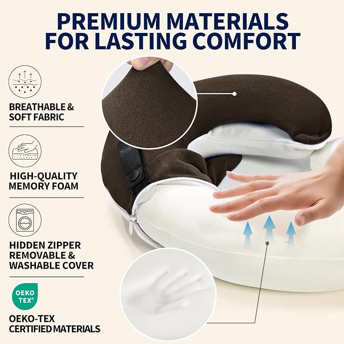 Travel Neck Pillows for Airplanes, Memory Foam 360° Head Support Sleep for Long Flight, Skin-Friendly & Breathable, Kit with Eye Mask, Earplugs and Storage Bag (Adult, Brown, 90+ lbs) - Image 4