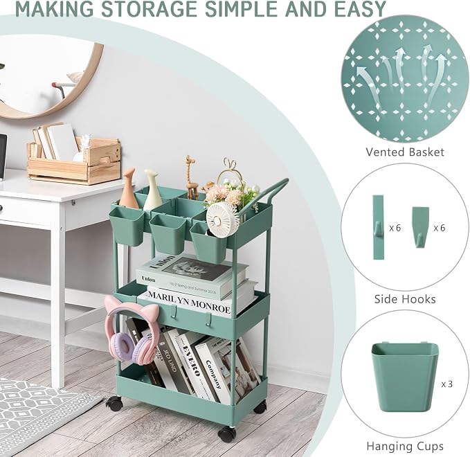 danpinera Storage Cart on Wheels, 3 Tier Bathroom Cart Organizer Slim Laundry Narrow Shelf with Wheels Dividers Hanging Cups Hooks Handle Easy Assembly, Green - Image 6
