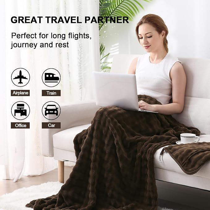 Soft Cozy Travel Blanket for Airplane Train and Car, Brown | Lightweight, Blanket or Pillow 2 in 1, Compact with Portable Bag Pillowcase, with Luggage Sleeve and Backpack Clip - Image 3