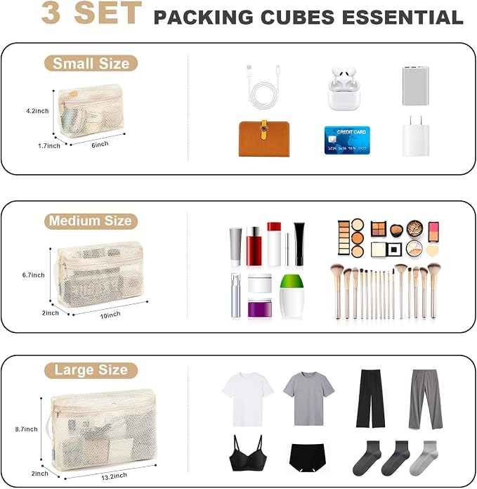 NOL 3-Pack Mesh Travel Toiletry Bags - Clear Zipper Travel Organizer, Airport Carry-On Compliant Reusable Cosmetic Makeup Bag for Women & Men (Cream) - Image 2