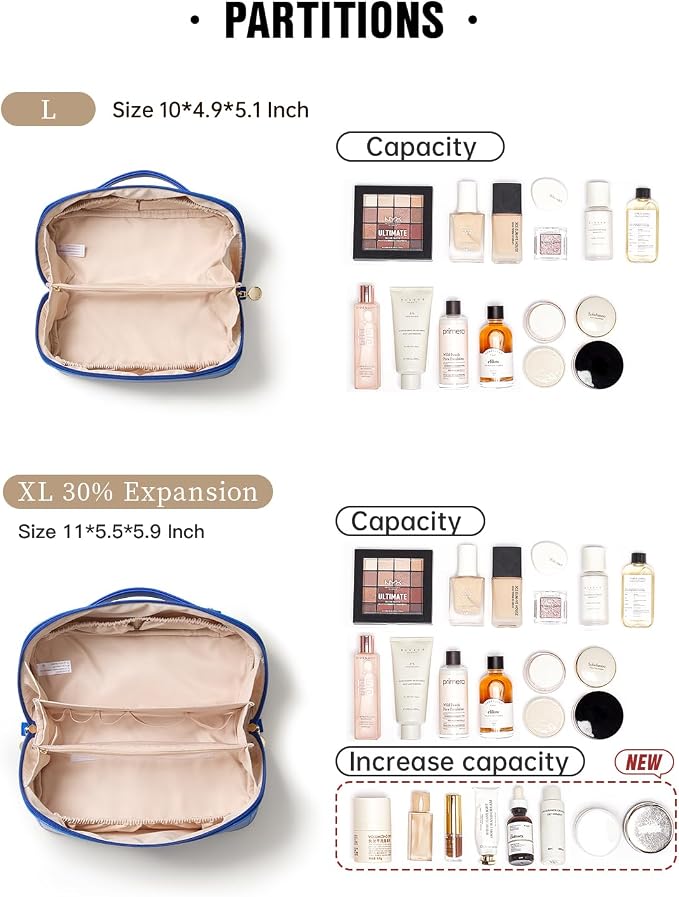 EACHY Travel Makeup Bag for Women, Flat Open Cosmetic Bag, Blue, Large | Flat-open cosmetic organizer with pockets and clear TPU brush compartment for makeup, toiletries and travel essentials - Image 3