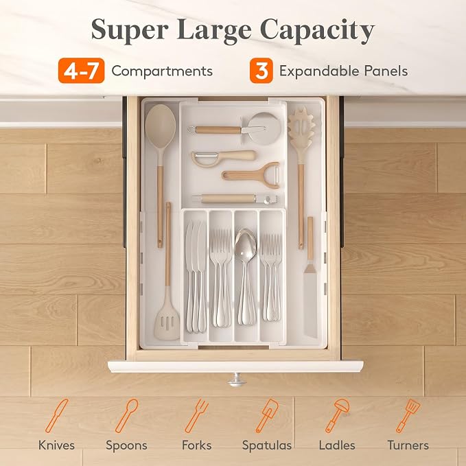 Lifewit Expandable Silverware Drawer Organizer, Utensil Tray for Kitchen | BPA Free Flatware and Cutlery Holder, Adjustable Plastic Storage for Spoons Forks Knives, 8.9-14.2 x 11.3-19.4 x 1.7", White - Image 3