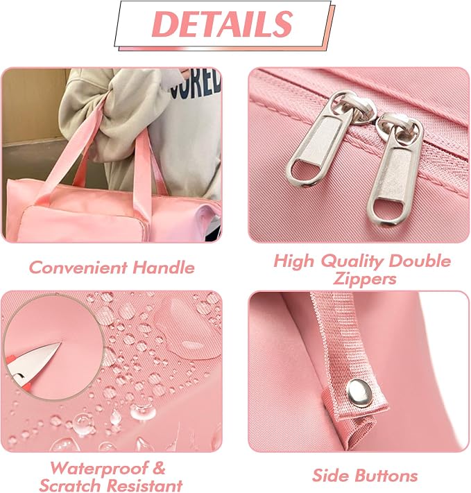 Travel Bag for Women Expandable Weekender Overnight Bag Carry on Sports Tote Gym Bag Waterproof Foldable Duffel Bag (Pink) - Image 3