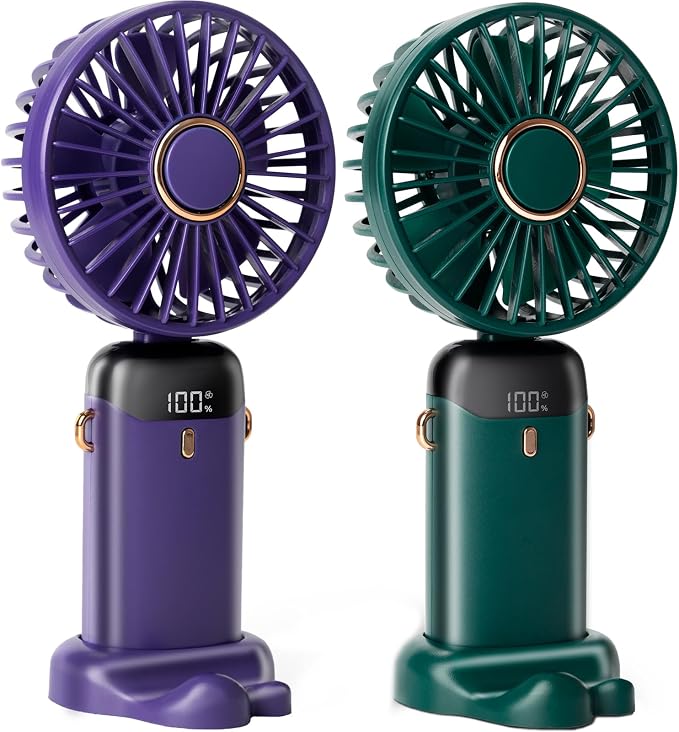 2 PCS Portable Handheld Fan, 12 hours Upgrade 3200mAh Mini Fan with Stand, 90° Foldable, 5 Speed Wind,Hand Held/Neck/Desk 3 in 1 Personal Small Fans, Makeup Fans for Women (Purple, Green) by Unknown