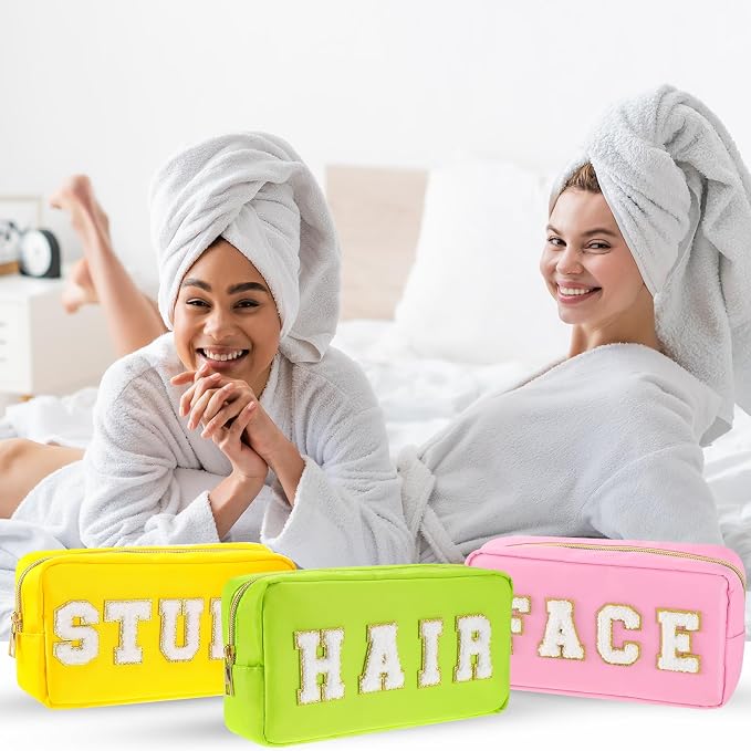 Preppy Makeup Bags Chenille Letter Stuff Bag Nylon Cosmetic Pouch Cases with Zipper for Women Travel Toiletry(Vibrant Color,Classic,4 Pcs) - Image 7
