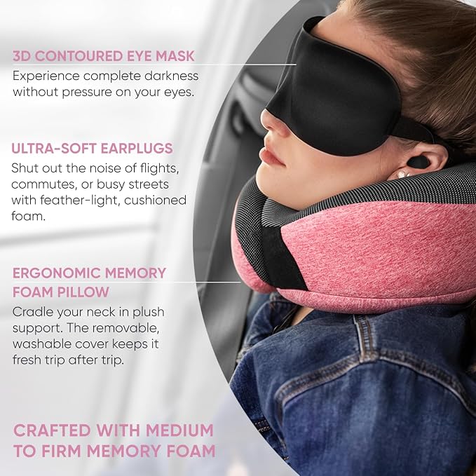Travel Pillow, 100% Pure Memory Foam Airplane Neck Pillow, Pink | Long Flight Travel Kit with 3D Contoured Eye Masks, Earplugs and Luxury Bag, Updated Material Plane Sleeping Support - Image 4