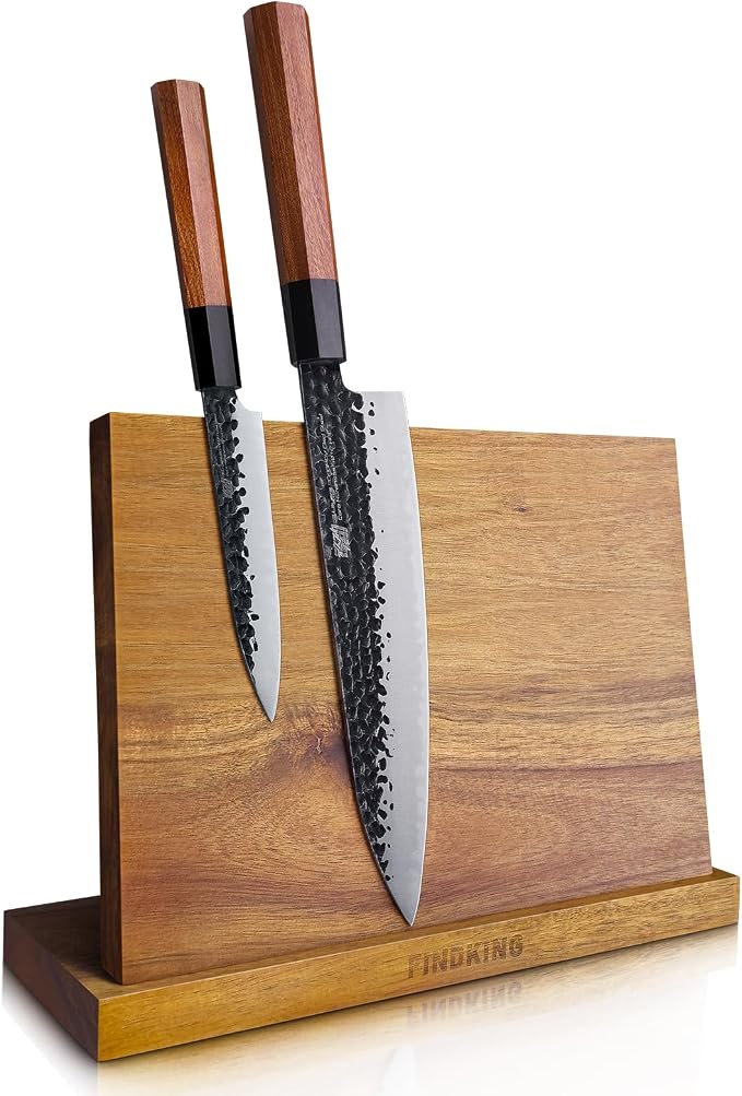Magnetic Knife Block, Teak Wood Utensils Holder, Strong Magnet Stand for Kitchen Counter (10.8 x 8 Inches, Without Knives) by FINDKING