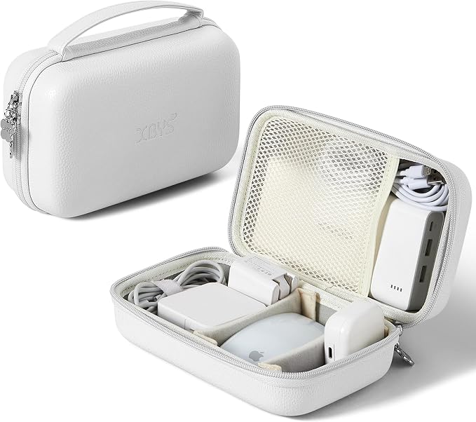 Portable Charger Case, Tech Pouch Travel Organizer, XL, White | Hard Shell Electronic Storage for MacBook Power Adapter, Magic Mouse, Charging Cords, Power Bank Laptop Accessories by Linpr