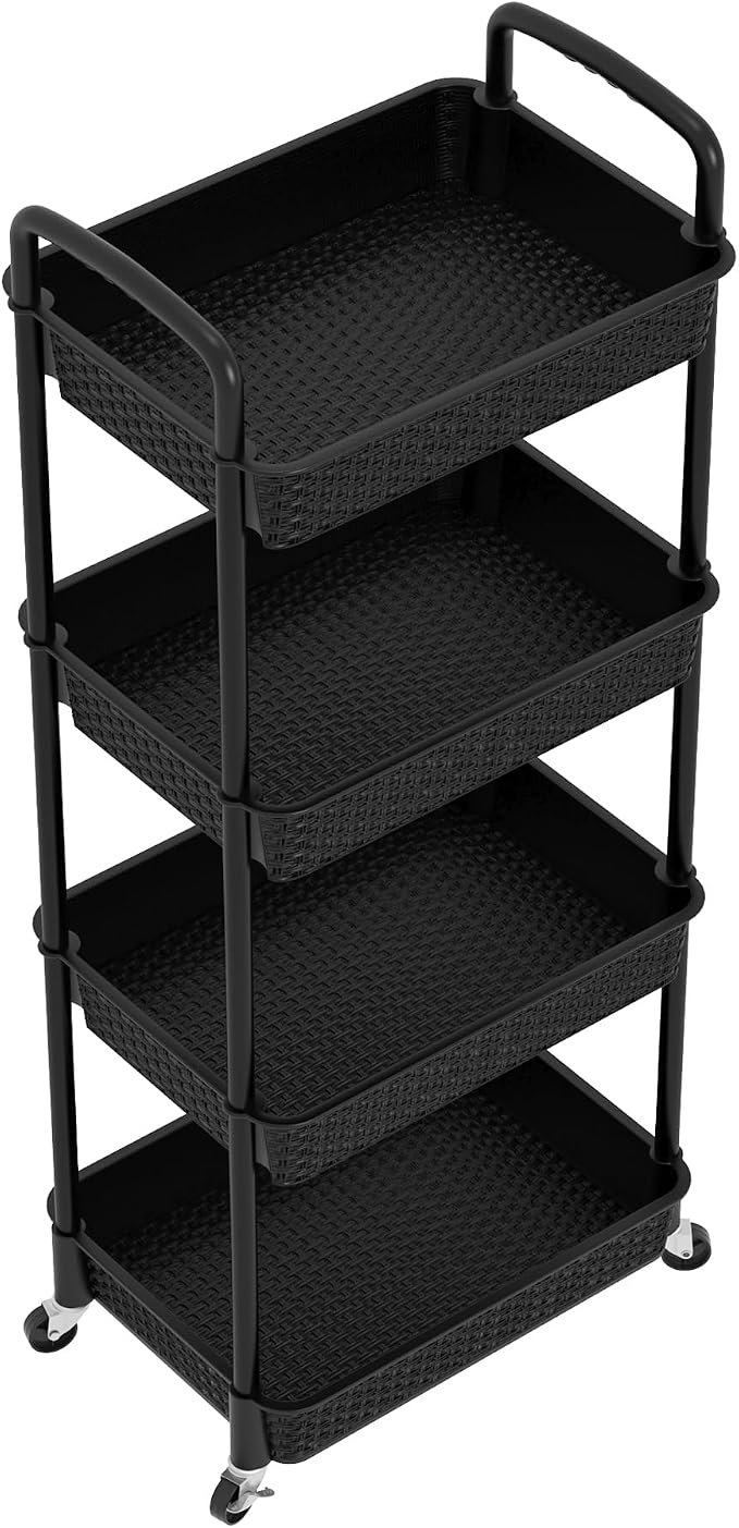 MOYIPIN 4-Tier Plastic Rolling Utility Cart with Handle, Black | Utility Storage Cart for Office, Living Room, Kitchen,Movable Storage Organizer，Easy installation，Rattan-like art design - Image 8