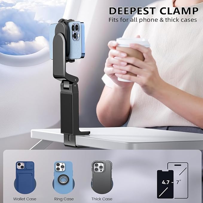 CreaDream 2 Pack Airplane Phone Holder, 360° Rotation Phone Mount for Travel Essentials, Adjustable Handsfree Phone Stand for Flight Desk, Pocket Size Compatible with All 4.7-6.9 inch Phones - Image 2