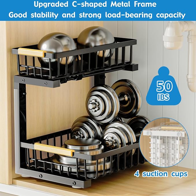 2Pcs Under Sink Organizer, 2-Tier Pull Out Under Sink Organizers and Storage, Adjustable Metal Under Cabinet Organizer Shelf, Bathroom Organizer, Sliding Out Drawer for Kitchen Pantry Black - Image 5