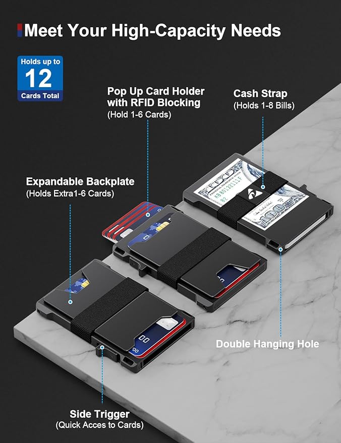 dwnkove Slim Card Holder Wallet for Men, Upgrade Minimalist Metal Pop Up Wallets, Ultra-Thin Design, Smart Wallet for Men, Front Pocket RFID Blocking Wallets, Holds 12+ Cards Plus Cash - Image 3