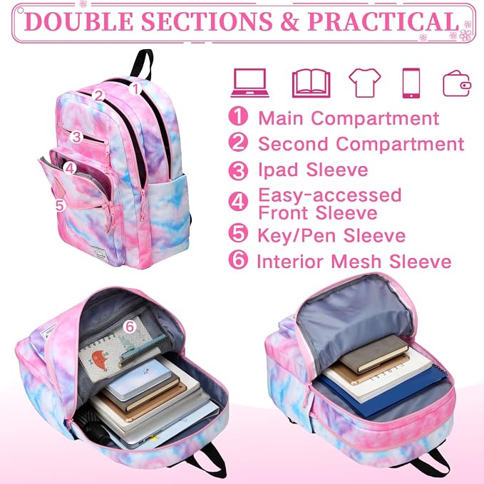 VASCHY School Backpack for Teen Girls, Bookbag Schoolbag Casual Daypack for High School/College/Women/Travel/Work Pink Galaxy - Image 4