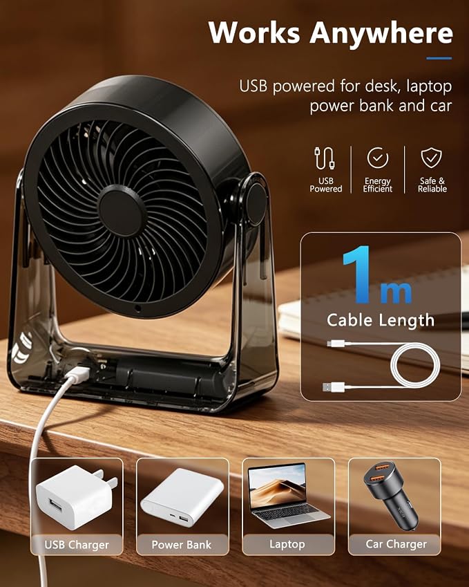 USB Small Quiet Desk Fan, Turbo Table Fan with Night Light, 6 Speeds Digital Display, 360° Rotation, 4000mAh Rechargeable Battery Air Circulator Desktop Fan for Bedroom Home Office, Black - Image 7