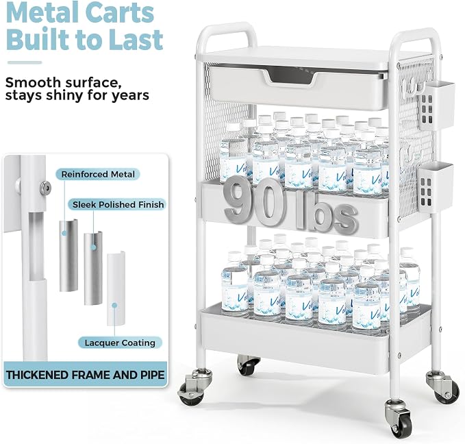 KINGBOARD 3 Tier Metal Rolling Cart with Drawer, White Utility Storage Cart | 2 Cups & 4 Hooks, Lockable Wheels, Trolley Organizer for Bathroom, Kitchen, Office, Nursery, Dorm, Laundry, Craft Room - Image 2
