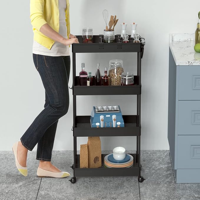 4 Tier Rolling Cart with Wheels, Storage Craft Art Trolley Organizer Serving, 3 Hanging Baskets Easy Assembly, for Office, Living Room, Kitchen - Image 8