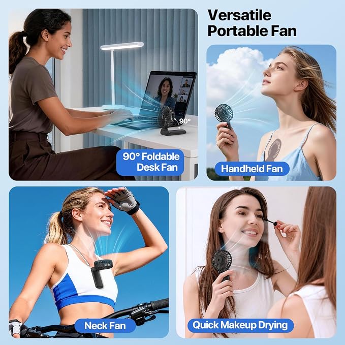 Portable Handheld Fan with Neck Lanyard, Black | 180° Foldable, 4 Wind Speeds, 16 Hours Battery Life, Low Noise, USB-C Rechargeable, Weighs only 106g, Removable Mesh Cover - Image 3