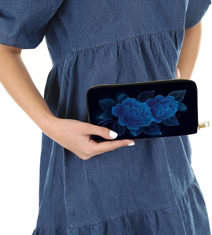 Women's RFID Blocking PU Leather Zip-Around Wallet, Large Capacity Clutch with Phone Holder, Travel Purse & Card Organizer with Removable Wristlet,Blue Rose - Image 6