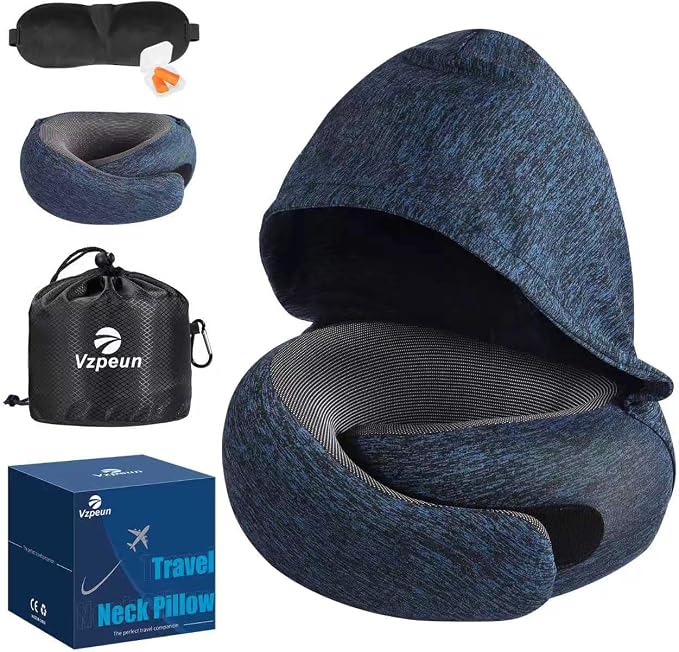 Travel Pillow - Hooded Neck Pillow Airplane Memory Foam Filling | for Plane, Office, Cars Sleeping, Road Trip, Long Flights Essentials, Includes Eye Mask & Earplugs (Midnight Blue) by Vzpeun