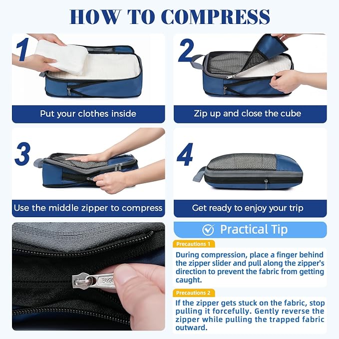 BAGAIL 4 Set/6 Set/8 Set Compression Packing Cubes Travel Accessories Expandable Packing Organizers(HalfMesh,8-Navy) - Image 6