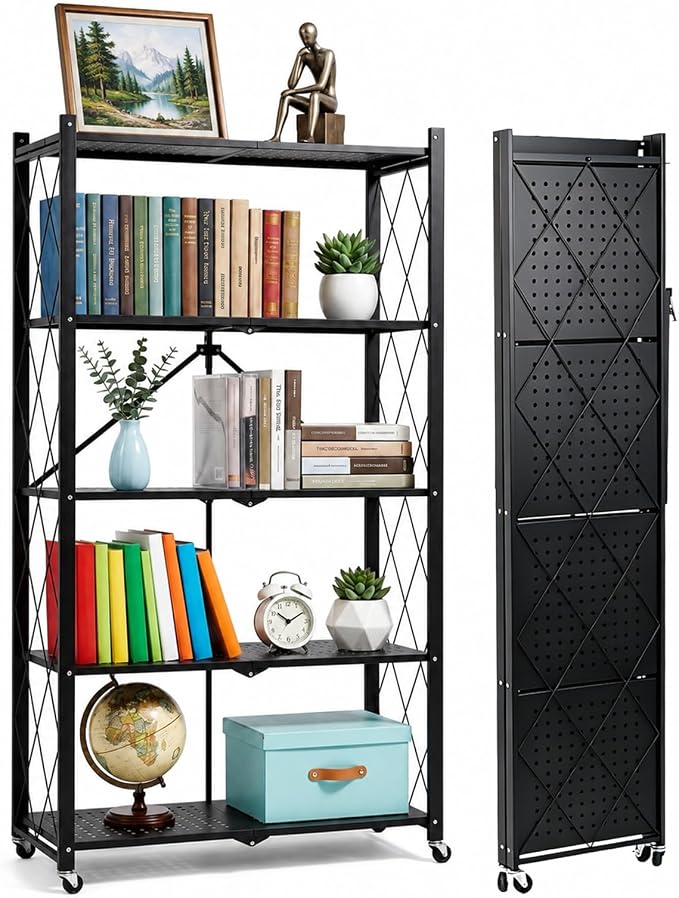 COKIHOM 5 Tier Foldable Storage Shelf with Wheels, Heavy Duty Metal Rolling Shelf Rack, No Assembly Wire Shelving Unit for Kitchen, Books, Living Room, Pantry, Garage, Office, Bedroom, Black by Unknown