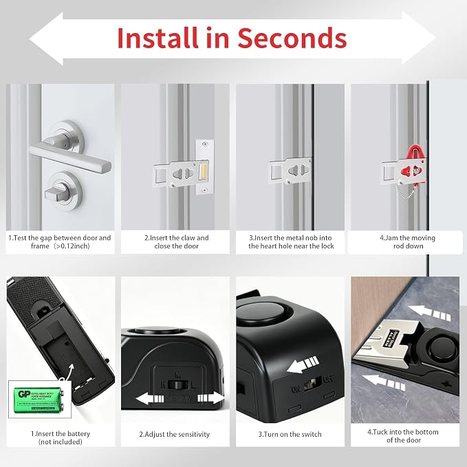 Portable Door Lock & Door Stop Alarm Set, Dual Protection Home Security Door Kit, Travel Hotel Lock Devices Pocket Self Defensey Tools for Traveling Hotel Home Apartment,Red - Image 7
