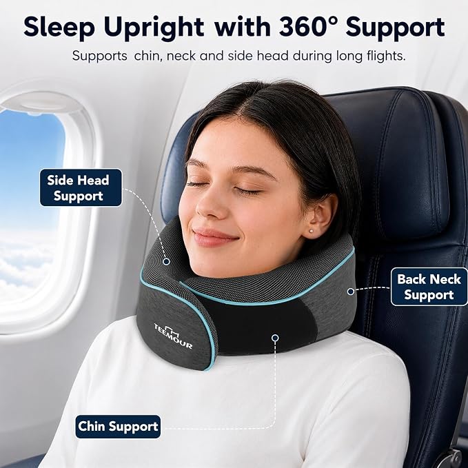 Travel Neck Pillow for Airplane -Memory Foam Travel Pillow for Long Flights/Car Sleep 360° Support Airplane Pillow, With Eye Mask & Earplugs, Portable Carry Bag | Airplane Accessories Washable Cover - Image 2