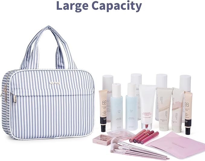 Narwey Striped Hanging Toiletry Bag for Women Travel Makeup Bag Cosmetic Make Up Organizer Toiletries Bag for Travel Essentials Accessories (Greyish Blue Stripe, Medium) - Image 6