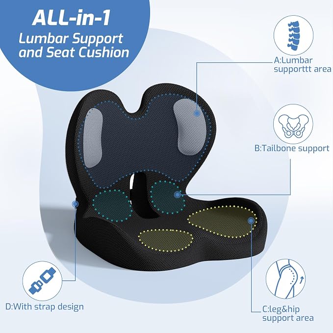 Seat Cushion,Memory Foam Chair Cushion for Office and Car,Ergonomic Coccyx Seat Cushion for Tailbone,Sciatic Nerve,Lower Back Pressure Relief,Lumbar Support Pilow for Office,Car,Truck,Desk Chair - Image 3
