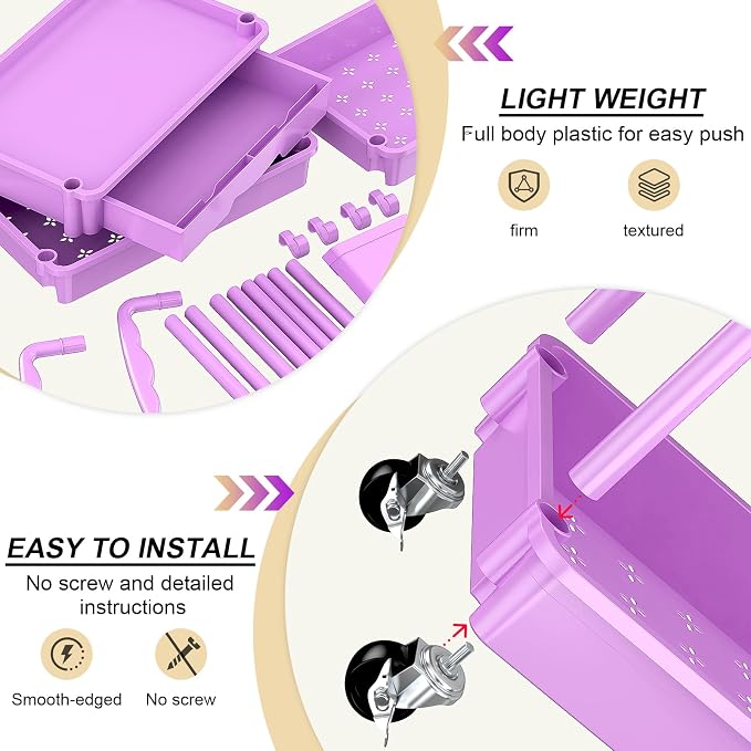 Goovilla 3 Tier Rolling Utility Cart Organizer with Removable Drawer,Purple | Stable and Sturdy Rolling Storage Carts with 2 Lockable Wheels for Bathroom, Kitchen, Snack, Craft, Makeup, Baby Essentials - Image 3