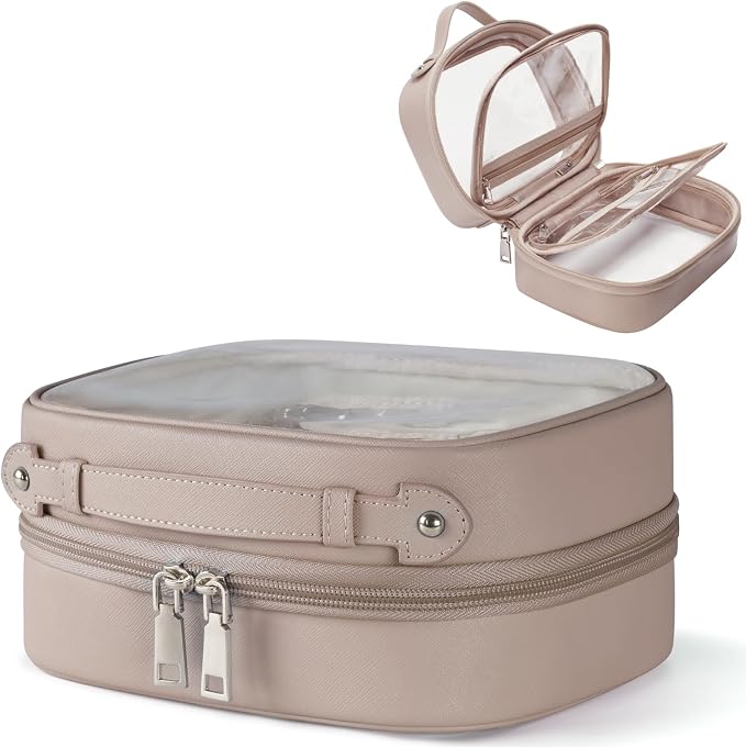 Clear Cosmetic Bag Double Layer 4 Compartments Travel Toiletry Bag Clear Makeup Bag Case with Zipper Transparent Travel Bag for Toiletries, Gift for Women Girls (Taupe, Small) by Oaque