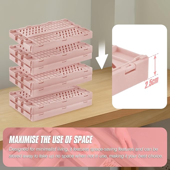4 Pcs Collapsible Storage Crates, 10x5.9x4 inches Space-Saving Folding Containers, Stackable Plastic Boxes for Home Kitchen Office Bedroom Bathroom, Pink - Image 5