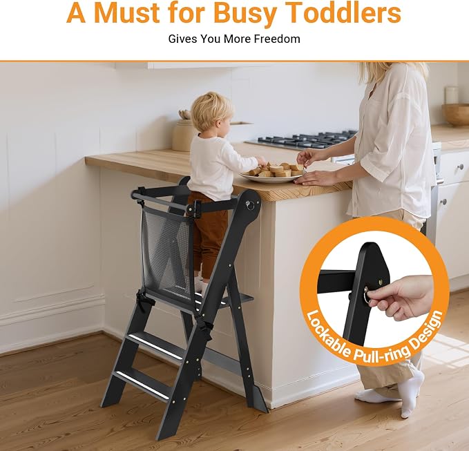 COSYLAND Foldable Toddler Kitchen Stool Helper - Height Adjustable Standing Tower for Bathroom Sink or Kitchen Counter - Step Stool for Toddlers Ages 18 Months to 6 Years Black - Image 4